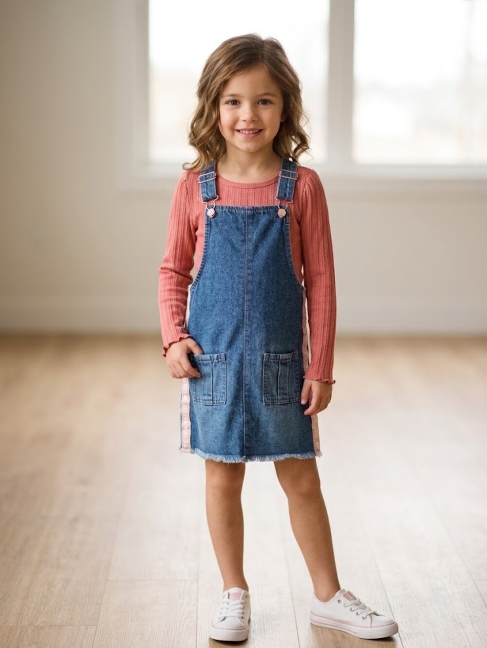 Vintage Style Guess Blue Denim Pinafore Dress with Pink Top Layers